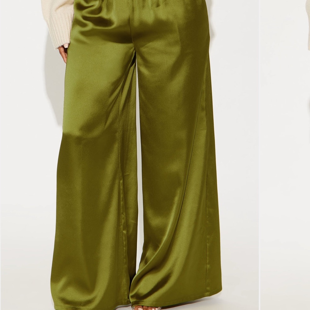 Fashion Nova Olive Satin Wide-Leg Pants